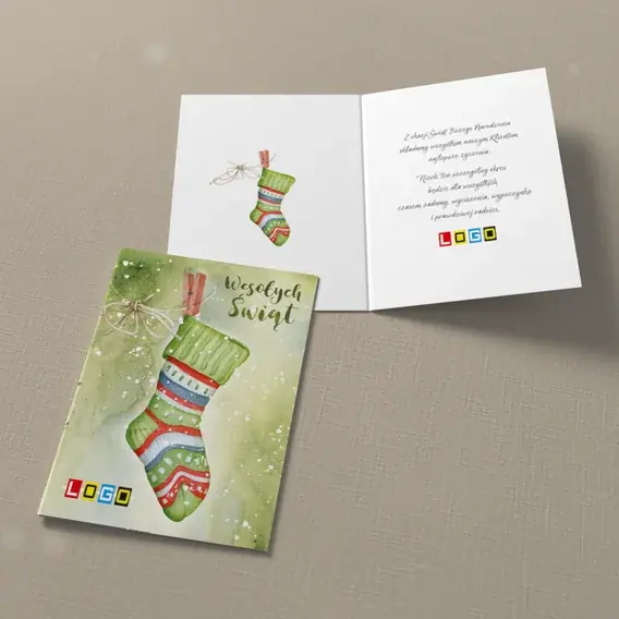 Kartka świąteczna z logo BN1-004 Paski i kokardka na zieleni, widok ogólny