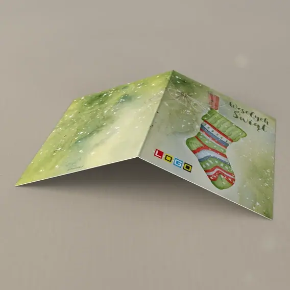 Kartka świąteczna z logo BN1-004 Paski i kokardka na zieleni, tył
