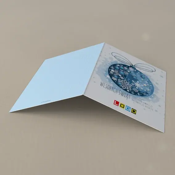 Kartka świąteczna z logo BN1-006 Atramentowa bombka i rozmyta biel, tył