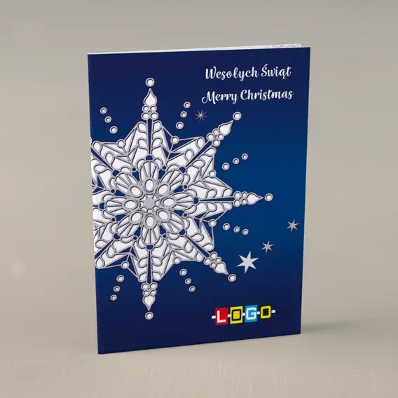 Kartka świąteczna z logo BN1-022 Lodowy ornament na granacie, przód