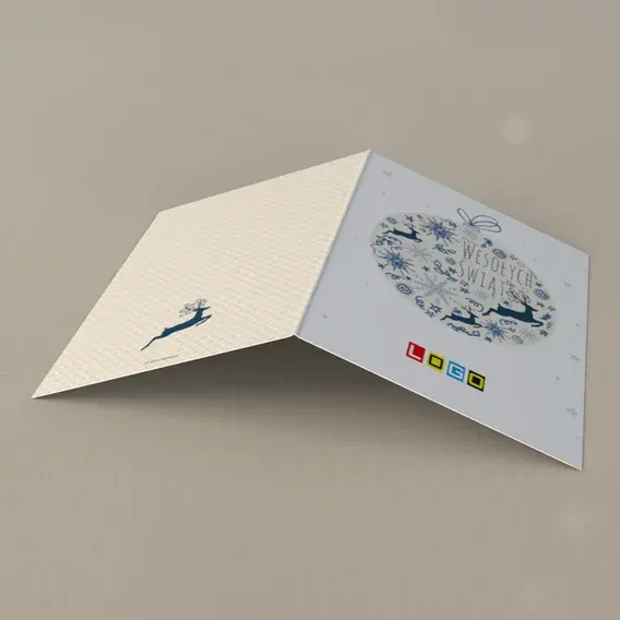 Kartka świąteczna z logo BN1-026 Renifery za szkłem bombki, tył