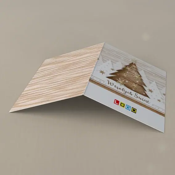 Kartka świąteczna z logo BN1-029 Słoje drewna i białe drzewka, tył
