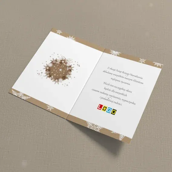 Kartka świąteczna z logo BN1-032 Płatkowy krąg na brązie, wnętrze