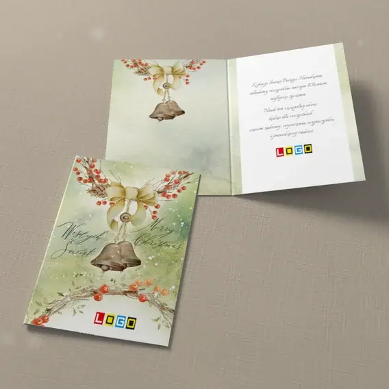 Kartka świąteczna z logo BN1-033 Złote dzwonki w zieleni, widok ogólny