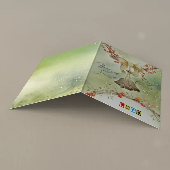 Kartka świąteczna z logo BN1-033 Złote dzwonki w zieleni, tył