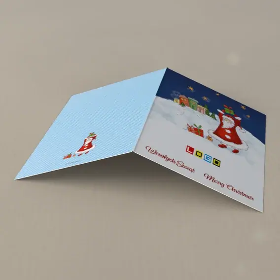 Kartka świąteczna z logo BN1-034 Paczki pod granatowym niebem, tył