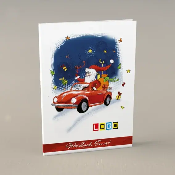Kartka świąteczna z logo BN1-043 Mikołaj za kółkiem, przód