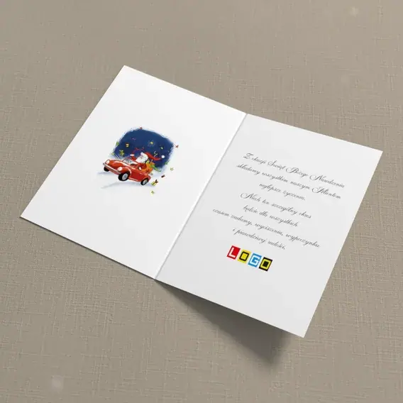 Kartka świąteczna z logo BN1-043 Mikołaj za kółkiem, wnętrze