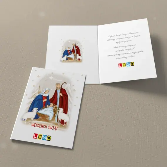 Kartka świąteczna z logo BN1-044 Szopka na śnieżnej bieli, widok ogólny
