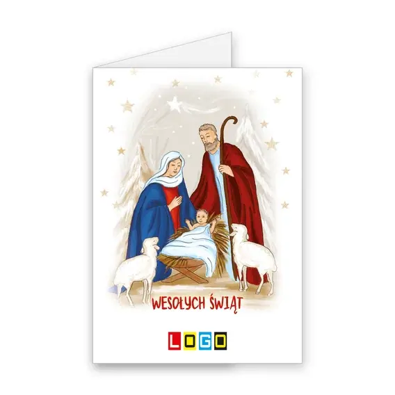 Kartka świąteczna z logo BN1-044 Szopka na śnieżnej bieli, okładka