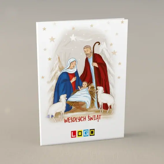 Kartka świąteczna z logo BN1-044 Szopka na śnieżnej bieli, przód