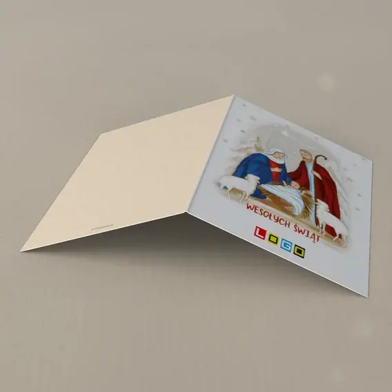 Kartka świąteczna z logo BN1-044 Szopka na śnieżnej bieli, tył