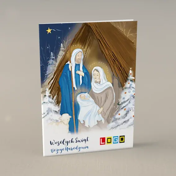 Kartka świąteczna z logo BN1-057 Betlejem w śnieżnych świerkach, przód