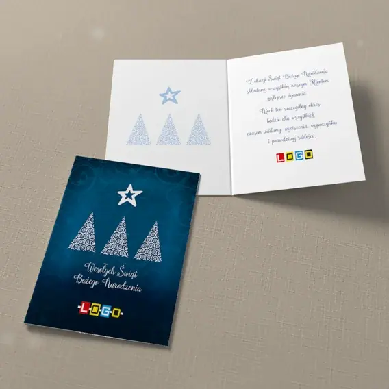 Kartka świąteczna z logo BN1-061 Trio spiralnych choinek, widok ogólny