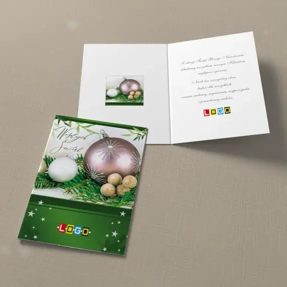 Kartka świąteczna z logo BN1-062 Różowa ozdoba w jodle, widok ogólny