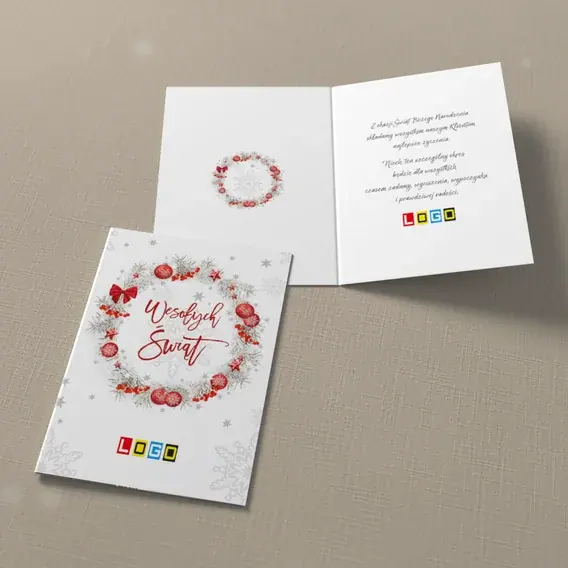 Kartka świąteczna z logo BN1-067 Zimowy wieniec w bieli, widok ogólny
