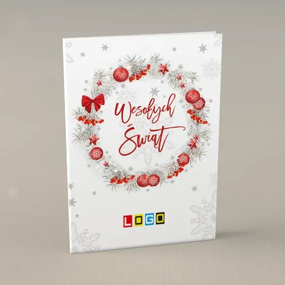 Kartka świąteczna z logo BN1-067 Zimowy wieniec w bieli, przód