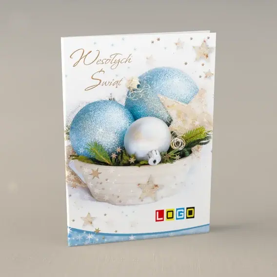 Kartka świąteczna z logo BN1-070 Chłodne ozdoby w drewnie, przód