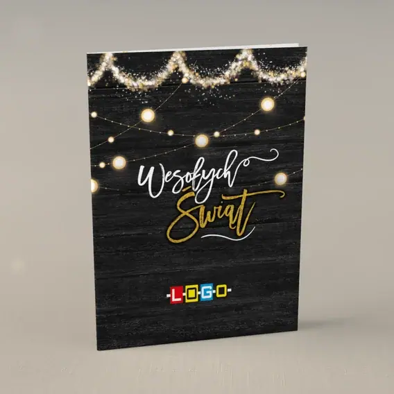 Kartka świąteczna z logo BN1-080 Żółty sznur świateł w mroku, przód