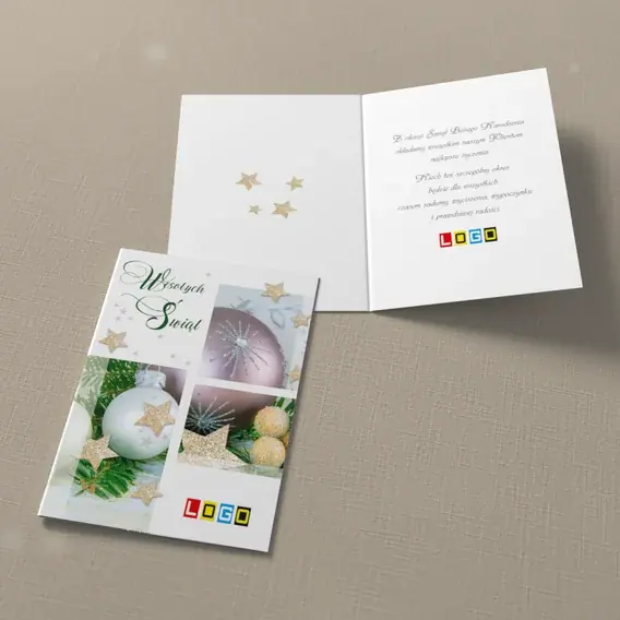 Kartka świąteczna z logo BN1-086 Wiszące kule i iglaste gałązki, widok ogólny