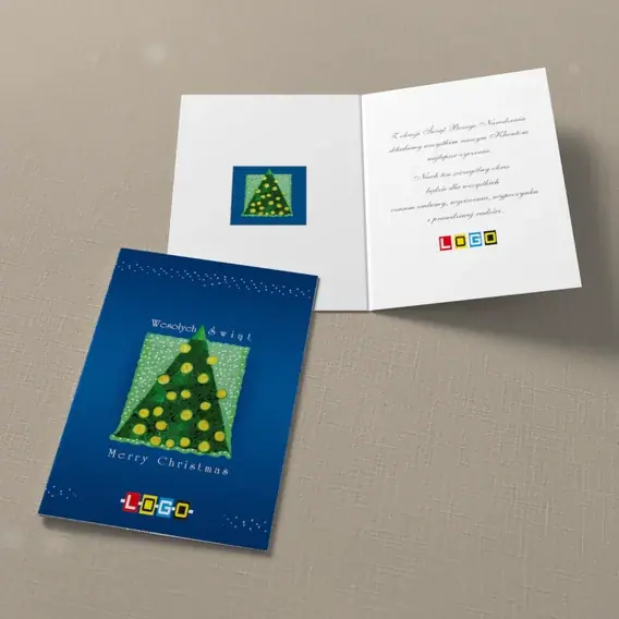 Kartka świąteczna z logo BN1-090 Zielone bryły na granacie, widok ogólny