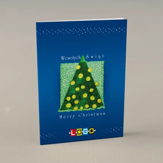 Kartka świąteczna z logo BN1-090 Zielone bryły na granacie, przód