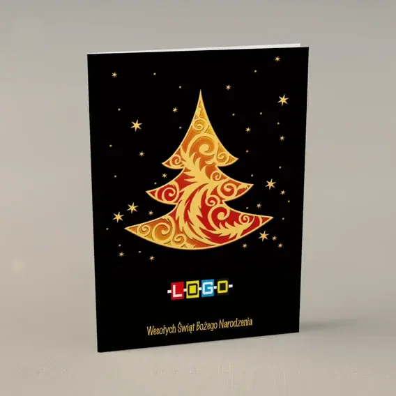Kartka świąteczna z logo BN1-091 Wzorzysty świerk w mroku, przód