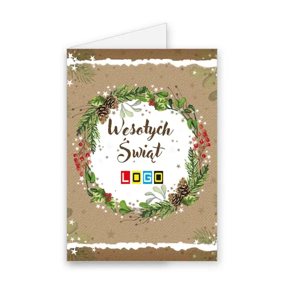 Kartka świąteczna z logo BN1-093 Brązowy papier i świerkowy krąg, okładka