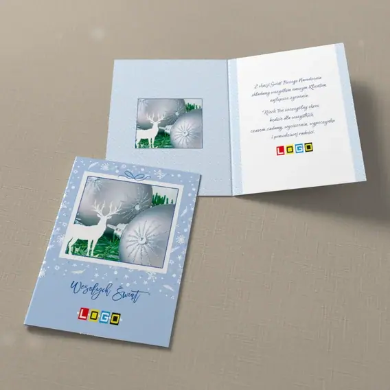 Kartka świąteczna z logo BN1-096 Papierowy jeleń i błękitne kule, widok ogólny