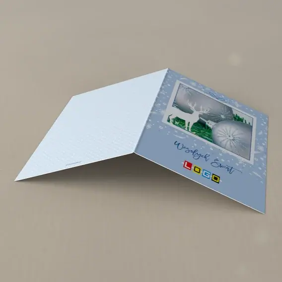 Kartka świąteczna z logo BN1-096 Papierowy jeleń i błękitne kule, tył