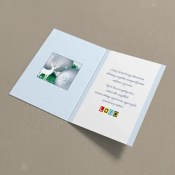 Kartka świąteczna z logo BN1-096 Papierowy jeleń i błękitne kule, wnętrze