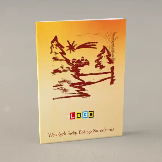 Kartka świąteczna z logo BN1-102 Rysunek wsi na pomarańczu, przód