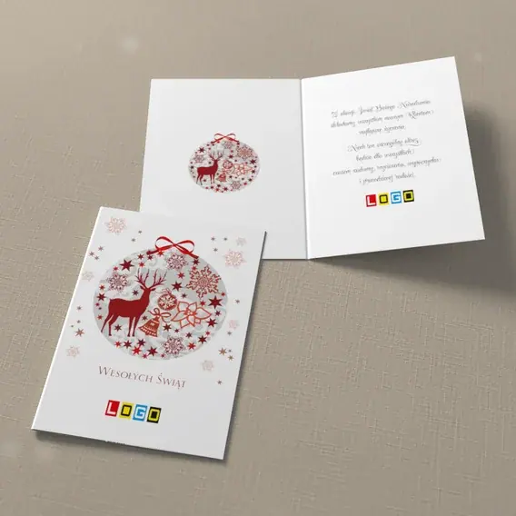Kartka świąteczna z logo BN1-106 Sylwetka jelenia w szkarłatnej kuli, widok ogólny