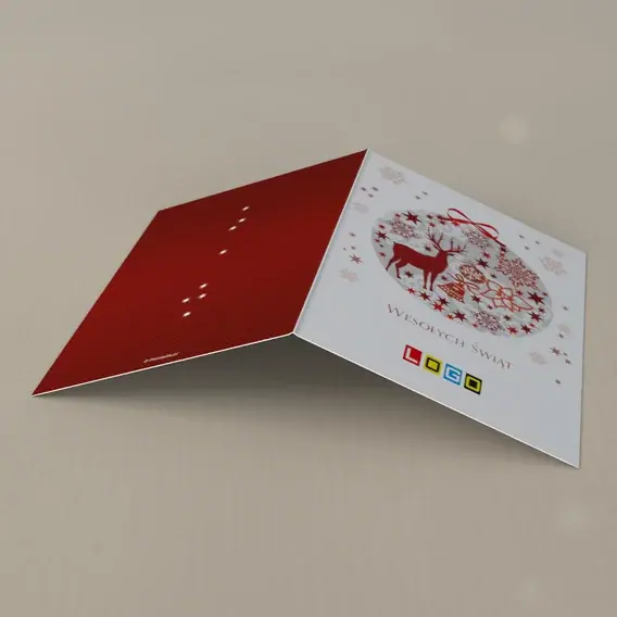Kartka świąteczna z logo BN1-106 Sylwetka jelenia w szkarłatnej kuli, tył