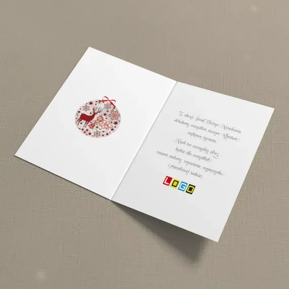 Kartka świąteczna z logo BN1-106 Sylwetka jelenia w szkarłatnej kuli, wnętrze