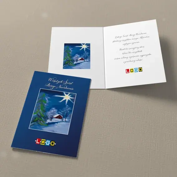 Kartka świąteczna z logo BN1-110 Granatowa noc nad domkiem, widok ogólny