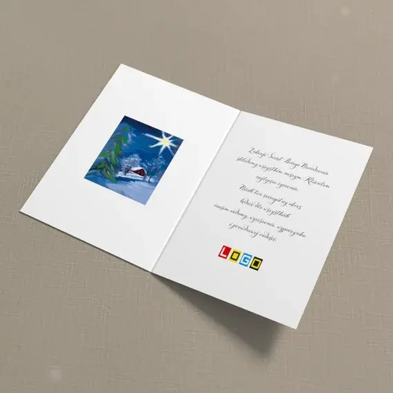 Kartka świąteczna z logo BN1-110 Granatowa noc nad domkiem, wnętrze