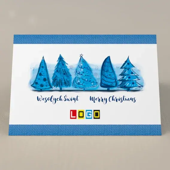 Kartka świąteczna z logo BN1-115 Niebieskie drzewka w deseń, przód