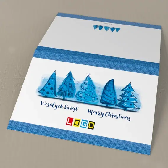 Kartka świąteczna z logo BN1-115 Niebieskie drzewka w deseń, tył
