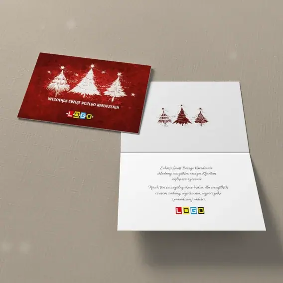 Kartka świąteczna z logo BN1-117 Szkarłat i trzy odmiany choinek, widok ogólny
