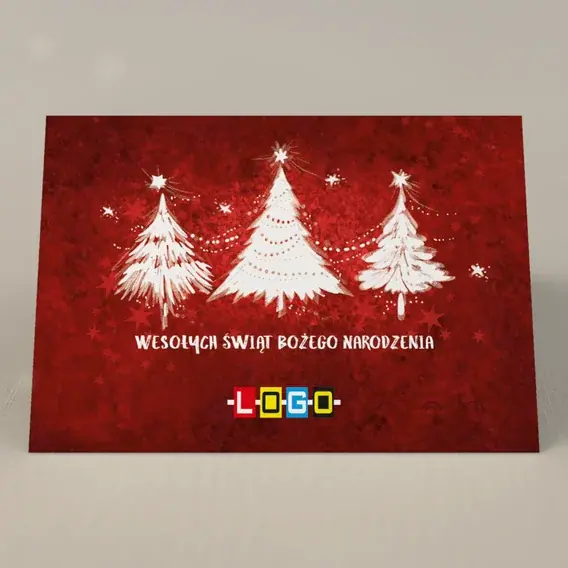 Kartka świąteczna z logo BN1-117 Szkarłat i trzy odmiany choinek, przód