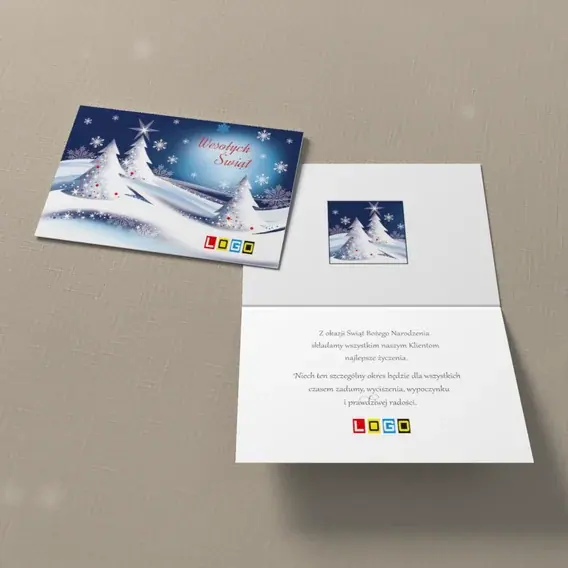 Kartka świąteczna z logo BN1-119 Okrągły napis nad choinkami, widok ogólny