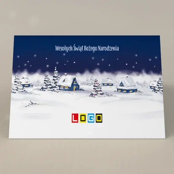 Kartka świąteczna z logo BN1-127 Zmierzch z czerwonymi choinkami, przód