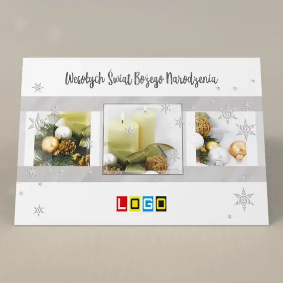 Kartka świąteczna z logo BN1-132 Zdjęcia ozdób w symetrycznych ramkach, przód