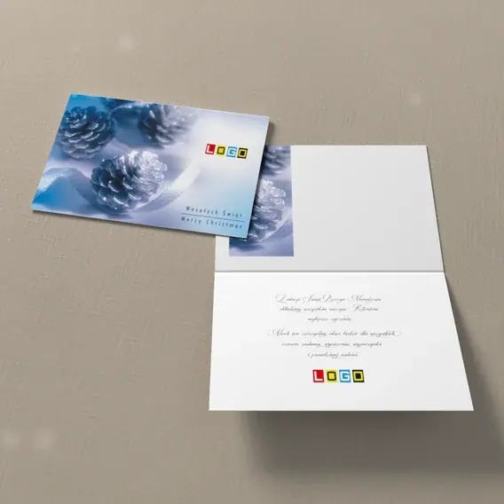 Kartka świąteczna z logo BN1-134 Chłodny gradient z szyszkami, widok ogólny