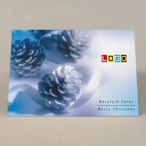 Kartka świąteczna z logo BN1-134 Chłodny gradient z szyszkami, przód