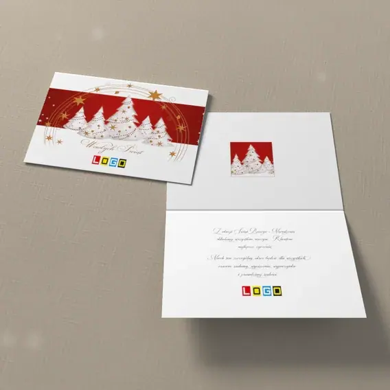 Kartka świąteczna z logo BN1-135 Biel i żółć na szkarłacie, widok ogólny