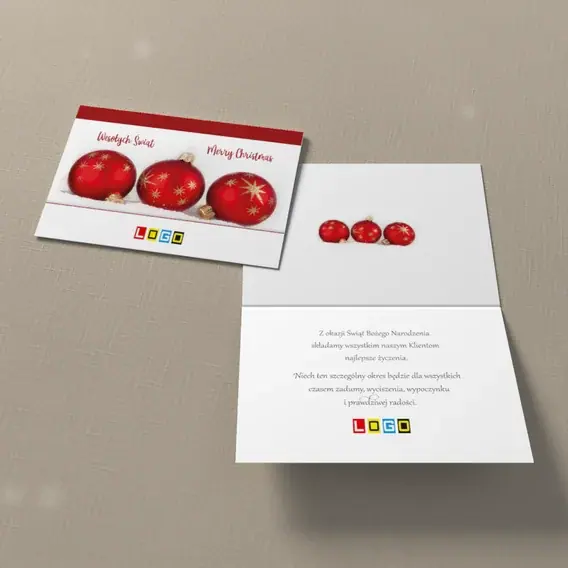 Kartka świąteczna z logo BN1-146 Rząd czerwonych kul na bieli, widok ogólny