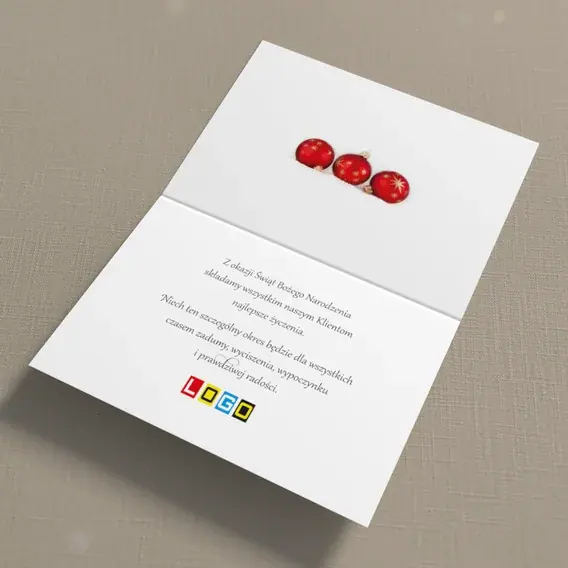 Kartka świąteczna z logo BN1-146 Rząd czerwonych kul na bieli, wnętrze