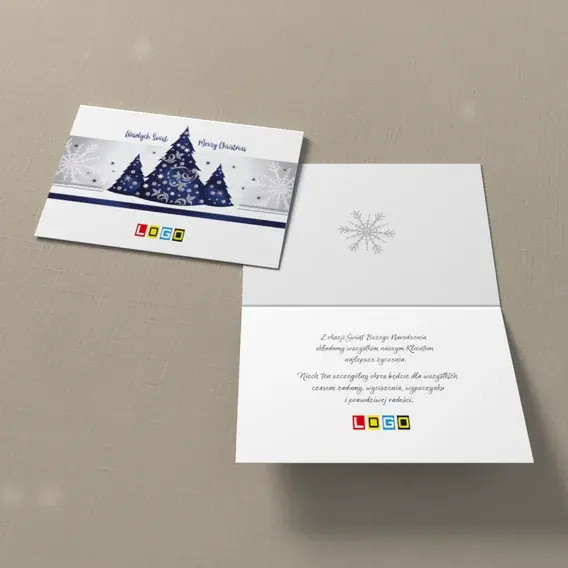 Kartka świąteczna z logo BN1-147 Granatowe trio w padającym śniegu, widok ogólny